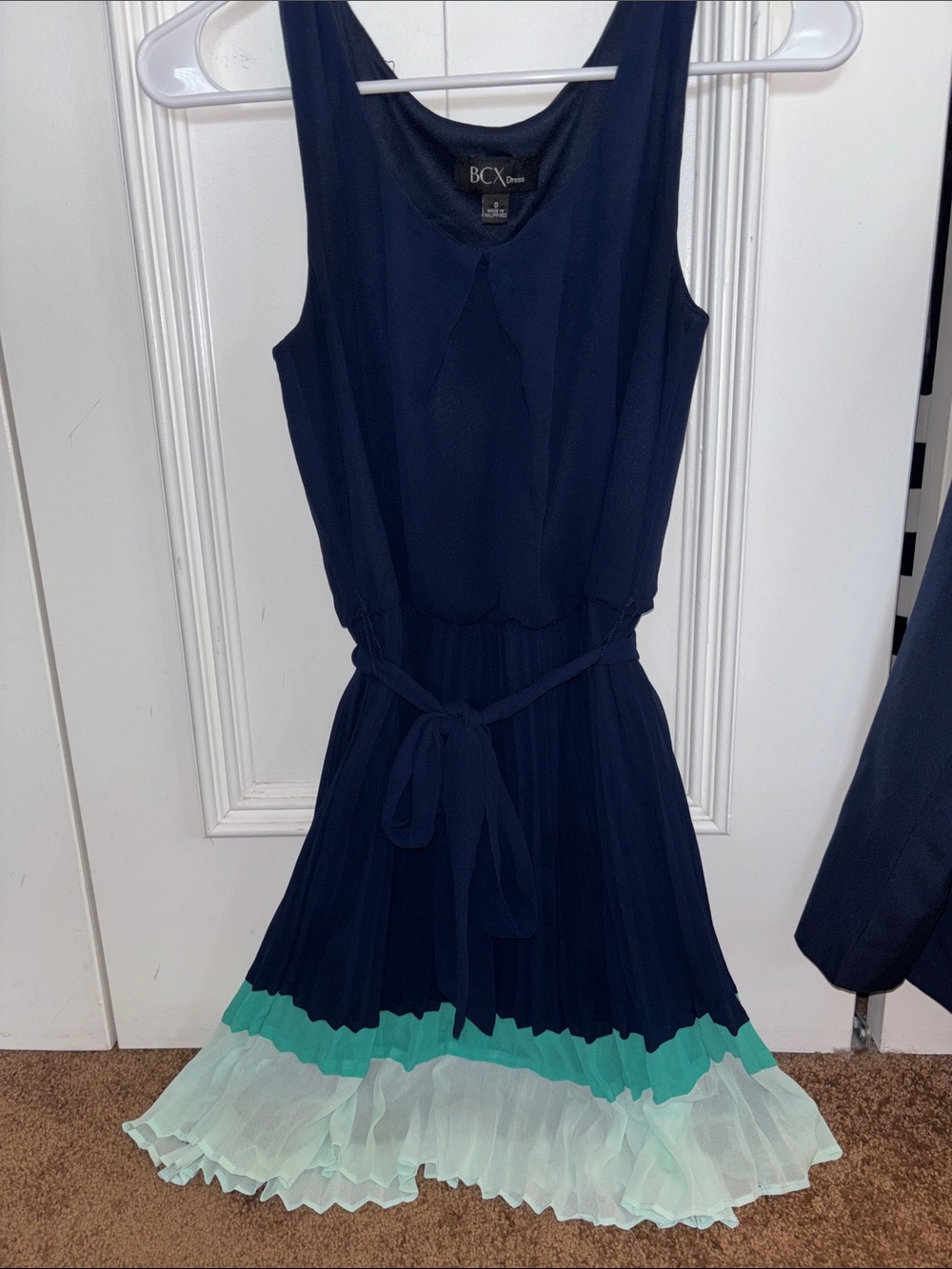 BCX Navy Sleeveless Dress with Mint and Seafoam Ruffle Hem